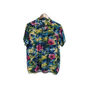 Mens 70s Vintage Bahama Paradise  Blue Hawaiian Shirt Pink Hibiscus Rayon S